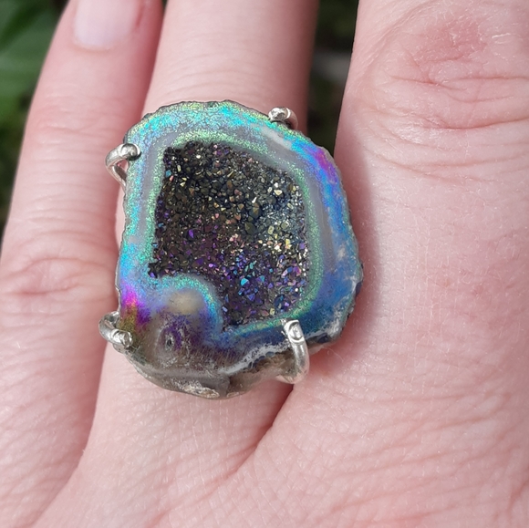 New Titanium Druzy 925 Silver Statement Ring. - Picture 7 of 8